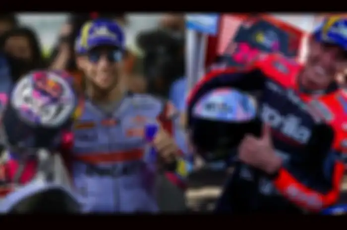Pembalap MotoGP Enea Bastianini (kiri) dan Aleix Espargaro (kanan) disokong helm Indonesia KYT di musim ini, tak mengira Indonesia jadi juara dunia paruh musim MotoGP 2022