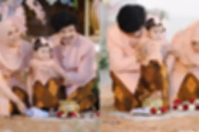 Gaya kompak Aurel Hermansyah dan Ameena saat upacara Tedak Siten. 