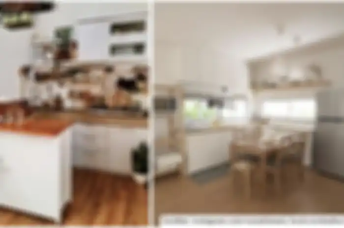 Intip yuk desain dapur cantik minimalis dengan lantai motif kayu nan aesthetic yang jadi mood booster banget. Ini foto inspirasinya.