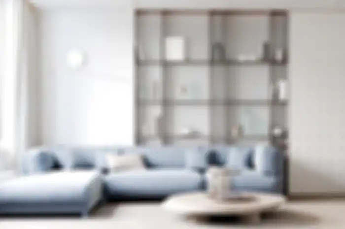Ilustrasi interior dengan sofa biru pastel