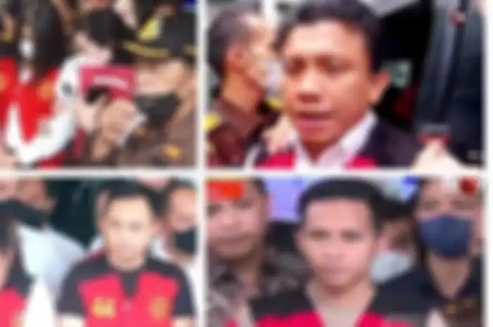 Penampakan lima tersangka kasus pembunuhan berencana Brigadir J. (mulai dari Kiri atas searah jarum jam) Ada Putri Candrawathi, Ferdy Sambo, Bharada Richard Eliezer, Bripka Ricky Rizal, dan Kuat Maruf, pernyataan Ferdy Sambo soal Putri Candrawathi dan nomor rompi Ferdy Sambo di Kejagung jadi sorotan