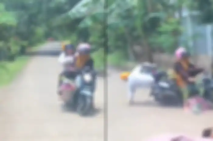 Emak-emak naik motor Yamaha Fino mendadak jatuh terjungkal.