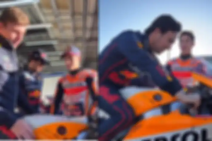 Marc Marquez memberi penjelasan tentang Honda RC213V kepada dua pembalap F1 Red Bull Racing, Max Verstappen dan Sergio Perez