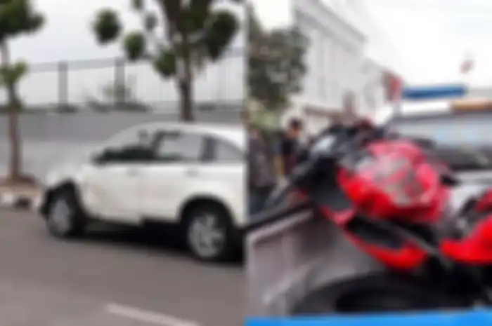 Kondisi motor Suzuki GSX-R150 (kanan) dan mobil Honda CR-V (kiri) setelah kecelakaan.
