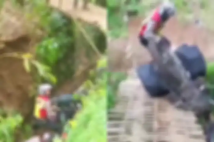 Detik-detik polisi naik motor jatuh saat antar bantuan gempa Cianjur.