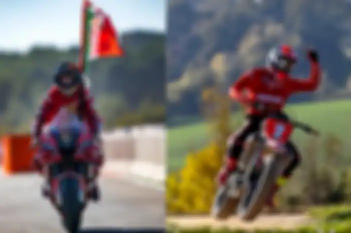 Francesco Bagnaia timbang-timbang pakai pelat nomor 1 di MotoGP 2023, sebelumnya sudah pakai saat selebrasi juara dunia MotoGP di MotoGP Valencia 2022 (kiri) dan saat tampil di El 100 km dei Campioni beberapa waktu lalu (kanan)