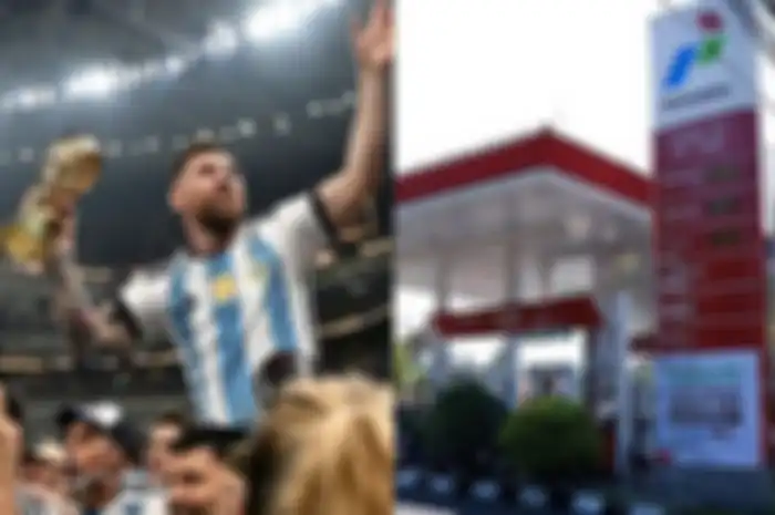 Kapten timnas Argentina, Lionel Messi angkat trofi Piala Dunia, juara Piala Dunia 2022 dapat hadiah uang setara 5 SPBU bekas milik Pertamina (Photo by Anne-Christine POUJOULAT / AFP).