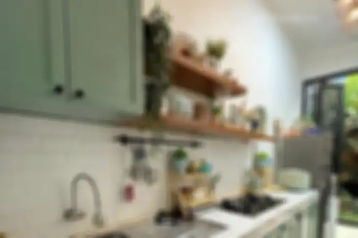 Dapur sempit tampak luas dan lega lantaran diselimuti warna hijau yang bikin sensasi begini. Tak sangka lihat foto interiornya.