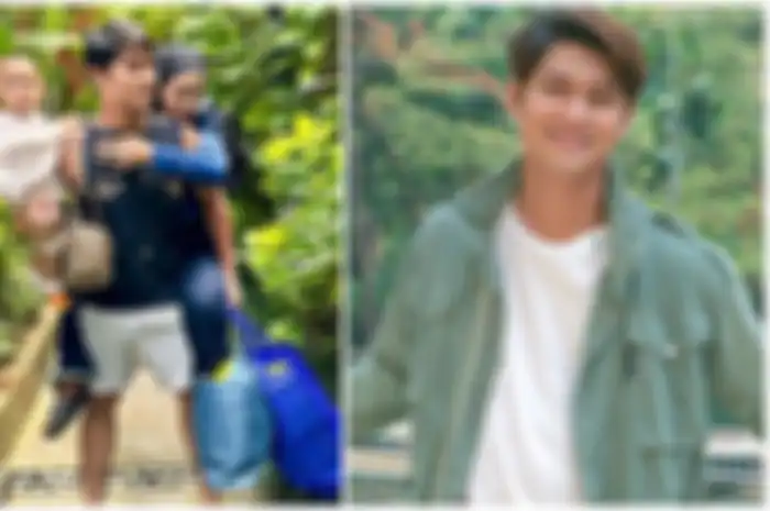 Rizky Billar menunjukkan potretnya menggendong Baby L dan Lesti Kejora serta menenteng tiga tas sekaligus.