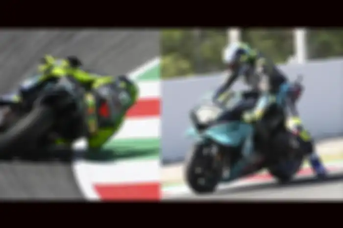 Valentino Rossi gaya menikung elbow down seperti pembalap MotoGP saat ini (kiri) dan gaya kaki keluar saat masuk tikungan ciri khas Valentino Rossi malah ditiru pembalap MotoGP saat ini