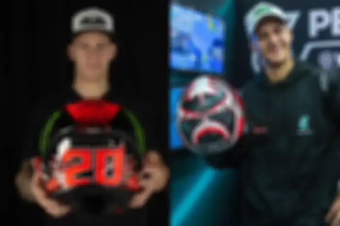 Fabio Quartararo pamer helm baru di MotoGP 2023 merek 3 huruf HJC (kiri), sebelumnya Fabio Quartararo sudah pernah pakai helm 3 merek KYT di 2018 silam