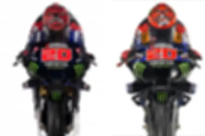 Beda tampilan Fabio Quartararo di motor Yamaha M1 2023 (kanan) ketimbang dengan motor Yamaha M1 tahun lalu (2022) font angka 20 nomor start dan air scoop atau air intake fairingnya lebih besar (kanan) tampak seperti bibir dower