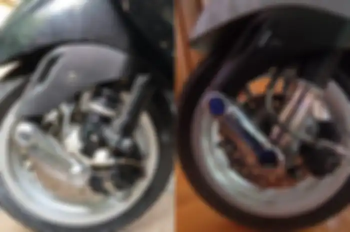 Perbedaan sokbreker depan Vespa Sprint 3V (kiri) dan Vespa Sprint i-get (kanan).