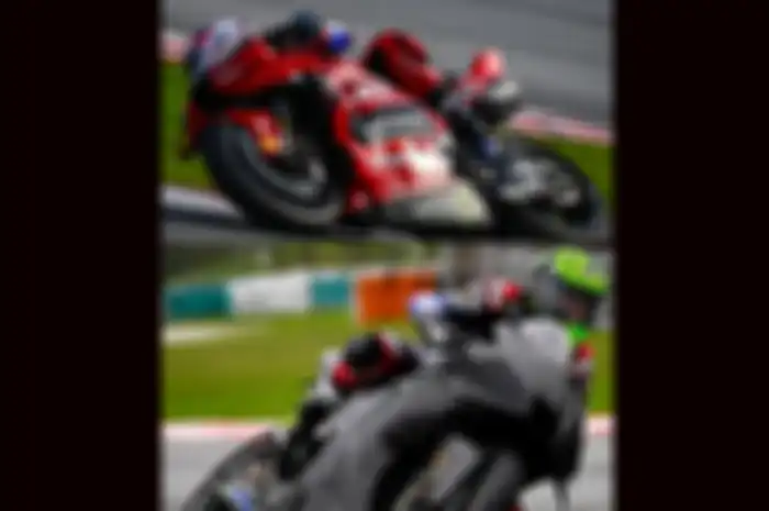 Michele Pirro di atas motor MotoGP Ducati Desmosedici GP tercepat di hasil tes shakedown MotoGP 2023 Sepang hari terakhir, (7/2/2023) dibuntuti Cal Crutchlow dengan Yamaha YZR-M1 (bawah) di posisi 3