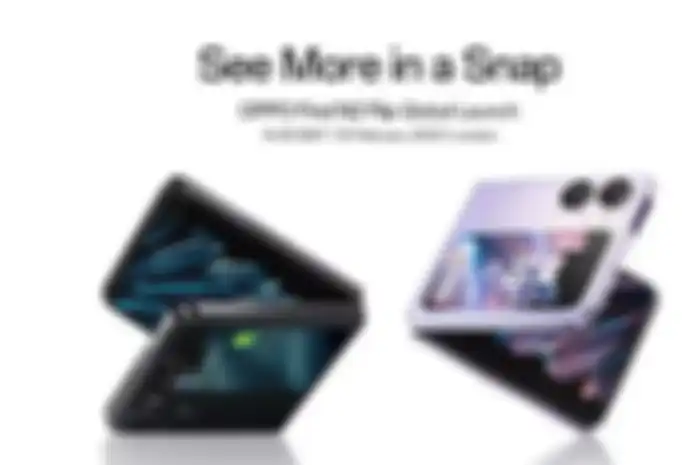 Poster hp lipat OPPO Find N2 Flip yang akan meluncur secara global pada 15 Februari 2023.