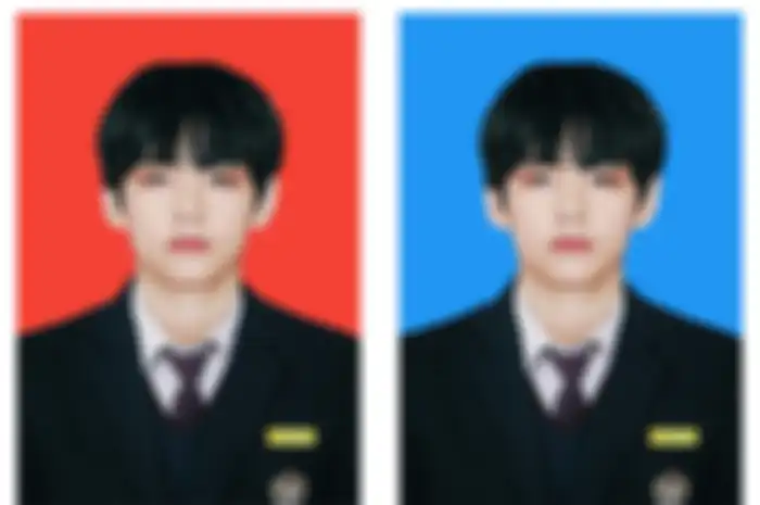 Ilustrasi cara edit foto KTP musisi Taehyung BTS dengan background merah dan background biru. 