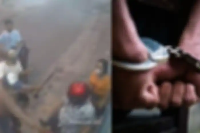 Tangkapan layar video CCTV begal motor Honda BeAT milik pasutri di Medan (kiri), dan ilustrasi begal ditangkap polisi (kanan).
