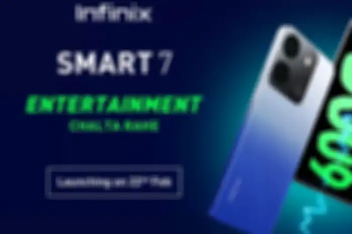 Poster Infinix Smart 7 yang akan meluncur tanggal 22 Februari di India dengan beberapa bocoran spesifikasi dan desain menarik. 