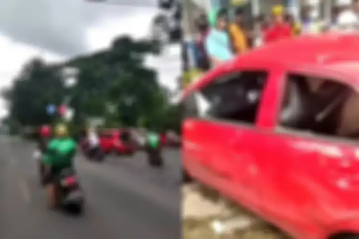 Mobil Honda Brio warna merah dikejar dan dirusak pemotor setelah kabur dari SPBU dan menabrak beberapa pengendara di Makassar, Sulawesi Selatan, Sabtu (18/2/2023).