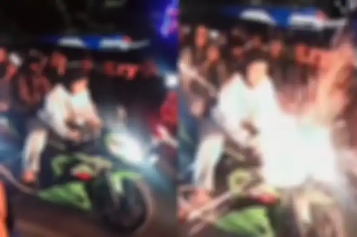 Momen seorang cewek geber motor Kawasaki Ninja langsung dilempar petasan oleh warga.