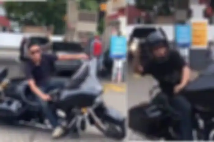 Mario mantan anak pejabat pajak Rafael Alun sedang atraksi menggunakan Harley-Davidson di SPBU Shell 