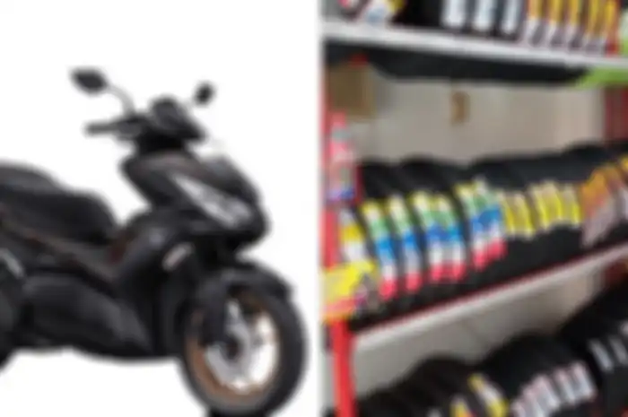 Ilustasi motor matic Yamaha Aerox (kiri) dan pilihan ban motor di toko Planet Ban (kanan).