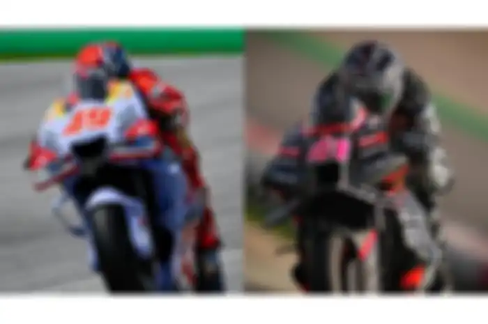 Pembalap MotoGP, Fabio Di Giannantonio (kiri) dan Aleix Espargaro (kanan) alami kesakitan usai crash di tes pramusim MotoGP 2023 Portimao hari pertama, Sabtu (11/3/2023).