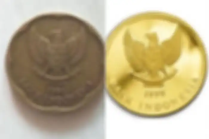 Uang koin dari emas cirinya berwarna kuning dan bergambar burung garuda