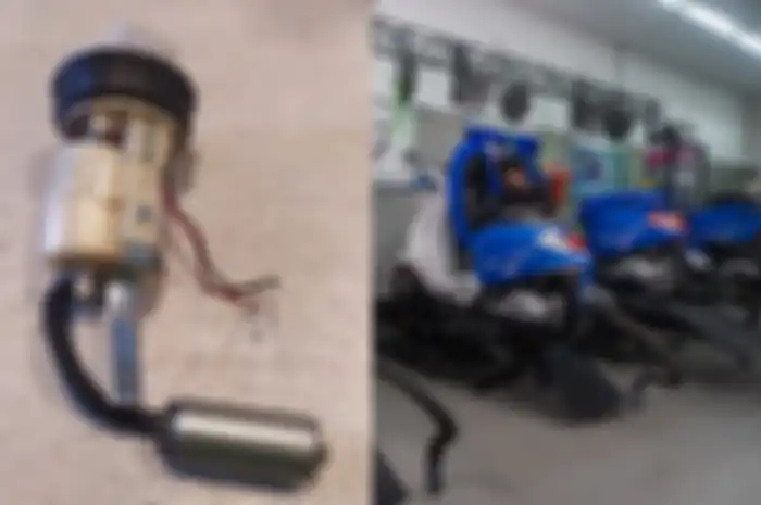 Ilustrasi fuel pump (kiri) dan deretan Vespa matic yang sedang servis di bengkel resmi (kanan).