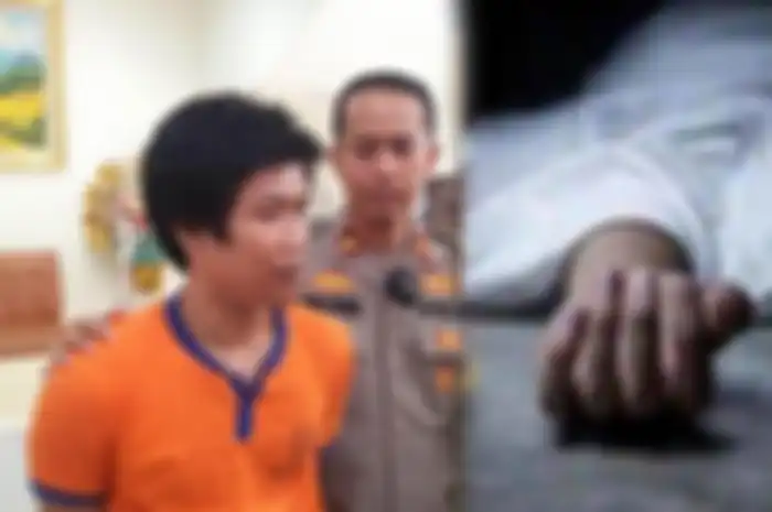 Wakapolres Gresik Kompol Erika Purwana Putra, memegangi tersangka pembunuh anak kandung di Desa Putat lor, Kecamatan Menganti, Gresik, Jawa Timur.