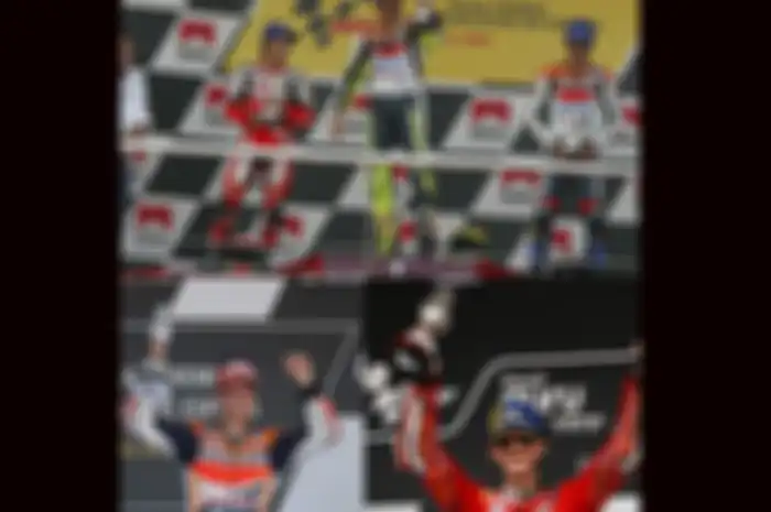 Trofi MotoGP Spanyol di sirkuit Jerez 2002-2023 sama saja dengan bentuk gelas anggur, Valentino Rossi (atas) menang musim 2002, Dani Pedrosa (kiri bawah) menang di 2013 dan Francesco Bagnaia (kanan bawah) menang musim 2023
