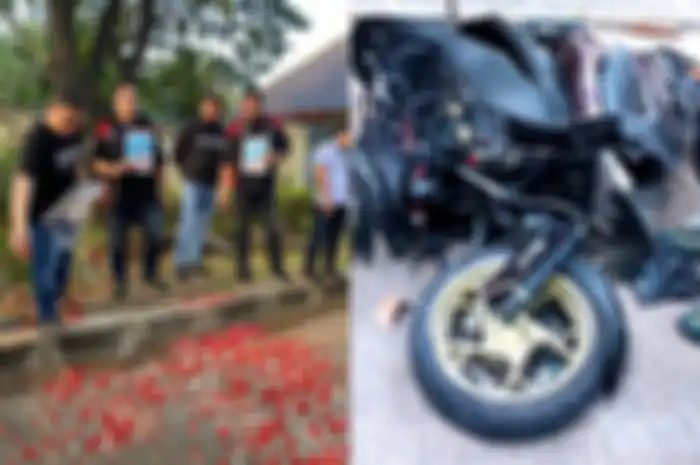 Jakarta Max Owners gelar tabur bunga di TKP kecelakaan yang menewaskan Jammy Sasmita (kiri), motor Yamaha XMAX milik Jammy rusak parah setelah ditabrak Mercy (kanan).