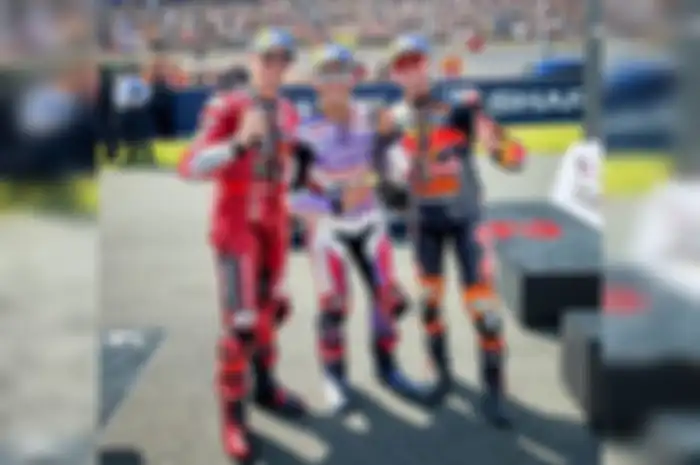 Podium Sprint MotoGP Prancis 2023, Jorge Martin P1 (tengah), Brad Binder P2 (kanan), dan Francesco Bagnaia P3 (kiri)