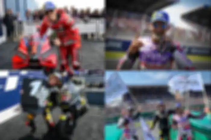 Ducati borong MotoGP Prancis 2023, pole position Francesco Bagnaia (kiri atas); Jorge Martin menang Sprint Race (kanan atas) dan Marco Bezzecchi menang Main Race (kanan bawah) serta podium Main Race milik Ducati (kanan bawah)