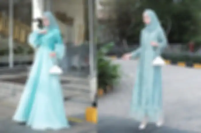 Outfit dress hijab kondangan warna hijau aqua dari Sitti Ashari