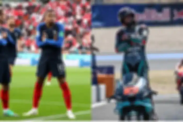 Gaya selebrasi Kylian Mbappe (kiri) ditiru juara dunia MotoGP 2021 Fabio Quartararo (kanan).