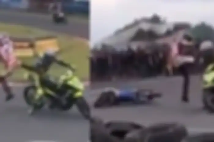 Aksi silat pembalap road race di Tasikmalaya yang bertabrakan selepas start. Pelaku mendapatkan teguran keras. 