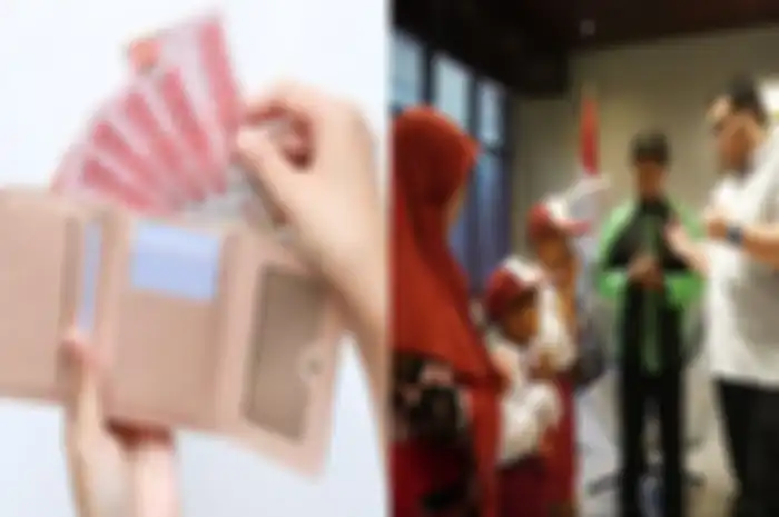 Foto ilustrasi dompet (kiri). Momen pertemuan driver ojol penemu dompet dan Bupati Kediri (kanan).