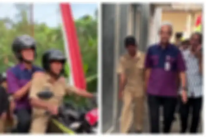 Capres Ganjar Pranowo dibonceng Yamaha V-Ixion pantau bedah rumah warga di Banjarnegara, helmnya jadi sorotan netizen.