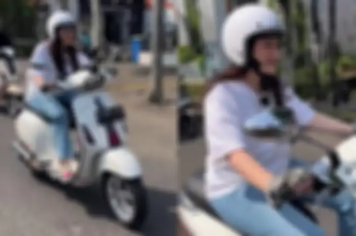 Nathalie Holscher riding naik Vespa Sprint putih kena modifikasi.