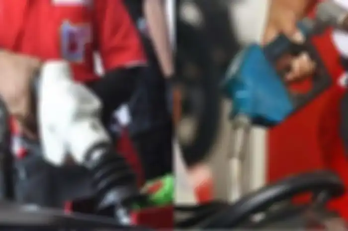 Ilustrasi motor isi bensin Pertalite (kiri) dan Pertamax (kanan) gratis di SPBU Pertamina daerah Sukoharjo, Jawa Tengah.