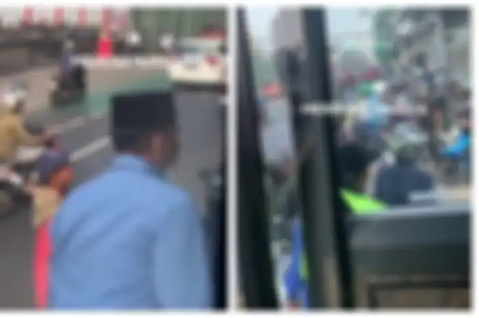 Gerombolan pemotor melawan arah di jalur Transjakarta tepatnya di depan Halte Imigrasi Jakarta Timur, Jalan Bekasi Timur Raya, Cipinang Besar Utara, Jatinegara, Jakarta Timur, Rabu (9/8/2023)