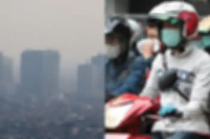 Ilustrasi polusi udara Jakarta (kiri) dan pemotor pakai masker (kanan).