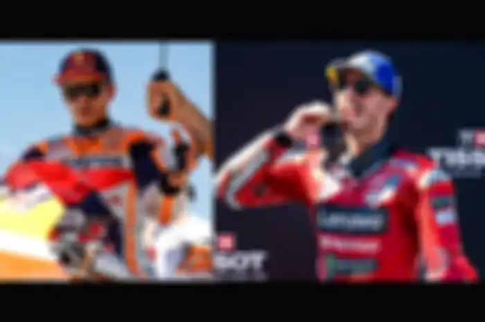 Marc Marquez (kiri) ternyata rekor banyak menang di sirkuit MotoGP lebih bagus ketimbang Francesco Bagnaia (kanan)