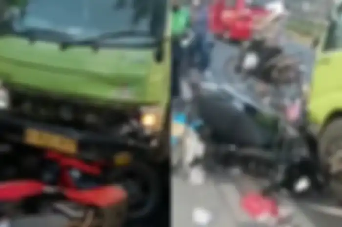 Beberapa pemotor lawan arah tertabrak truk warna hijau di Lenteng Agung.