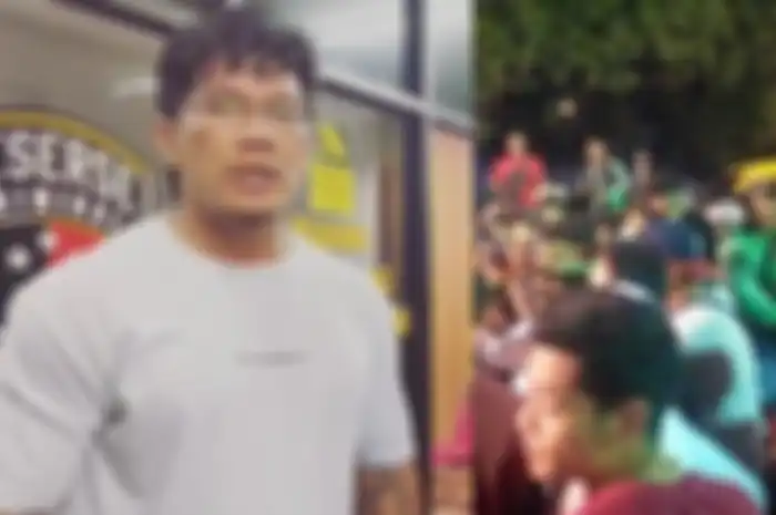 Laurend Hutagalung dikepung pengemudi ojek online (ojol) di depan warung makan Ayam Bakar Wong Solo, Bukit Duri, Tebet, Jakarta Selatan, Selasa (15/8/2023) malam.