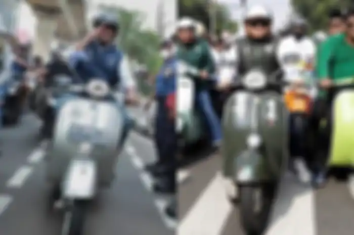 Ilustrasi Anies Baswedan (kiri) dan Cak Imin (kanan) naik Vespa klasik.