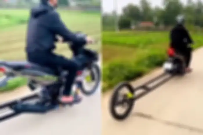 Bikin melongo, modifikasi motor dipasang swing arm super panjang. Bikin netizen ngakak.