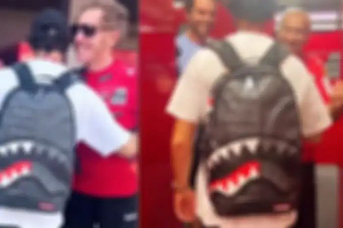 Tas Francesco Bagnaia saat dipakai ke sirkuit Buddh untuk MotoGP India 2023 (21/9), bermerk Shark In Paris yang harganya ternyata masih terjangkau. 