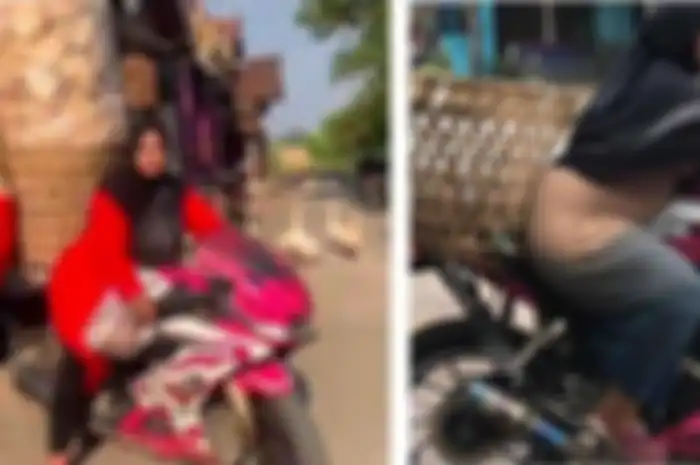 Lina, emak-emak asal Demak mendadak viral jualan kerupuk keliling kampung naik motor Yamaha R15 Hello Kitty.